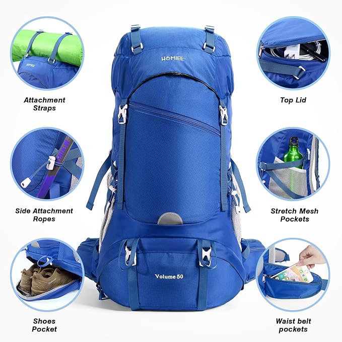 HOMIEE 50L Hiking Backpack Travel Bag Waterproof Camping Backpack with Rain Cover Lightweight Backpacking Backpack Rucksack