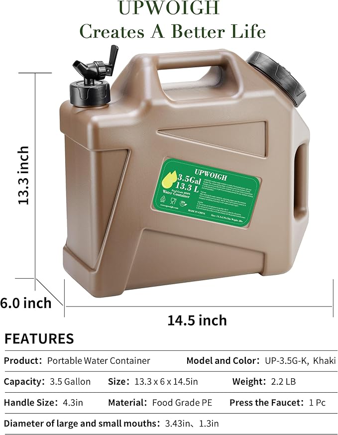 3.5 Gallon Water Jug,Overlanding Gear Water Containers Spigot,Camping Essential Truly Leak-Proof Press Faucet Khaki Water Tank,BPA Free Portable Emergency Water Storage for Outdoors and Hiking