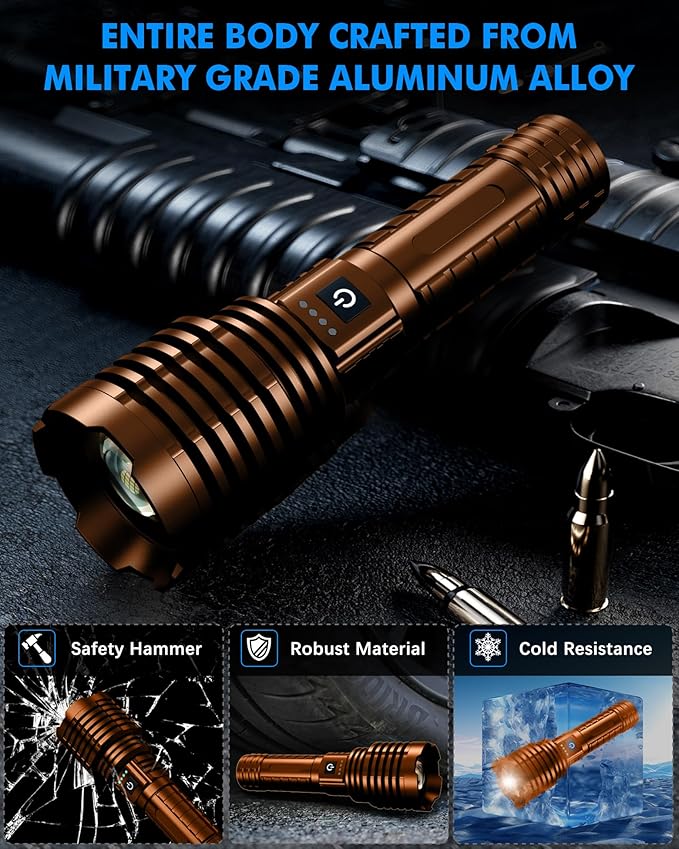 Super Bright Rechargeable LED Flashlights, True 2500000 High Lumens, Powerful Tactical Flashlight Up to 25H Long Battery Life |Zoomable|5Light Modes|IP67 Water Resistant for Camping (Brown)