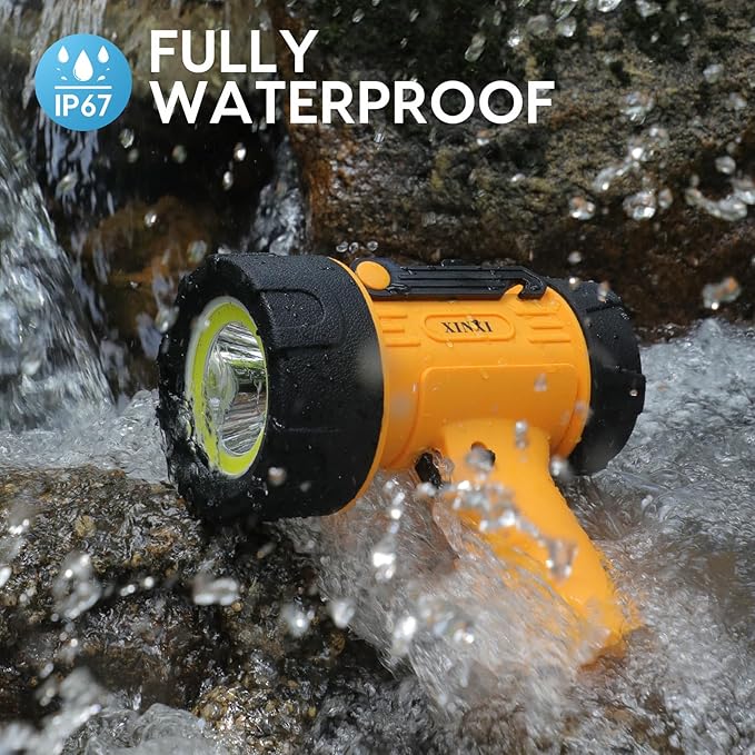XINXI 1000,000 Lumens Rechargeable Spotlight with COB Floodlight, 6 Light Modes and USB Charger for Hiking, Boating, Hunting, IP67 Waterproof Handheld Flashlight with red Filter(Yellow)
