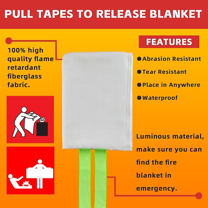 Fire Blankets Emergency for Home, Emergency Fire Blanket, 1 Pack Suppression Flame Retardent Safety Fire Blanket for Home, Kitchen, Fiberglass Fire Blanket