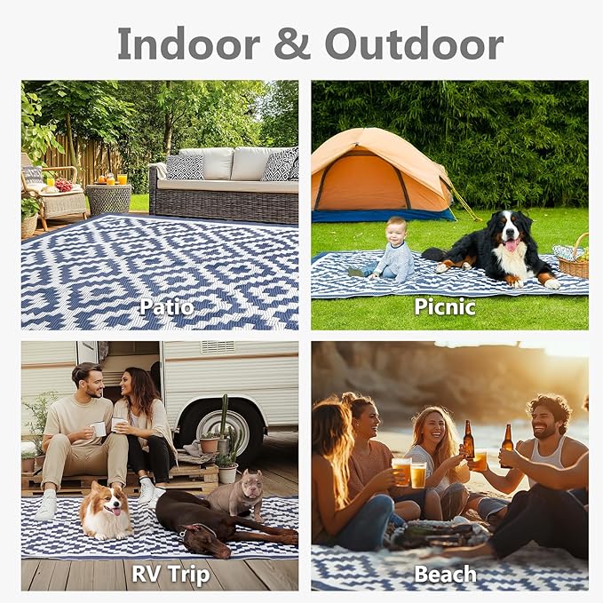 6x9 ft Outdoor Rug Waterproof, Plastic Straw Patio Carpet - UV Resistant Reversible Indoor Outdoor Rugs for Porch, Camping, Poolside, RV, Balcony, Easy to Clean, Blue and White