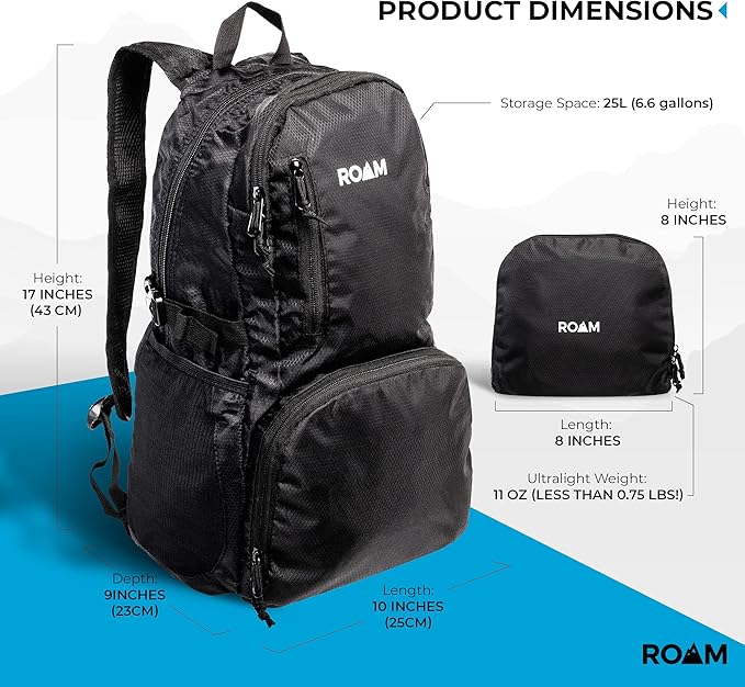 Roam 25L Hiking Daypack - Ultra Lightweight Packable Backpack - Durable, Water Resistant Folding Backpack for Travel, Camping