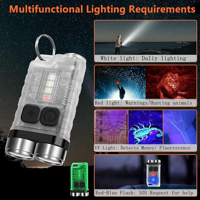 Mini Keychain Flashlights High Lumens, EDC Flashlight Rechargeable with Red UV Blue Light & Tail Magnet, 900 Lumens Led Pocket Small Powerful Flashlights for Camping, Emergencies,Everyday Carry, IP65