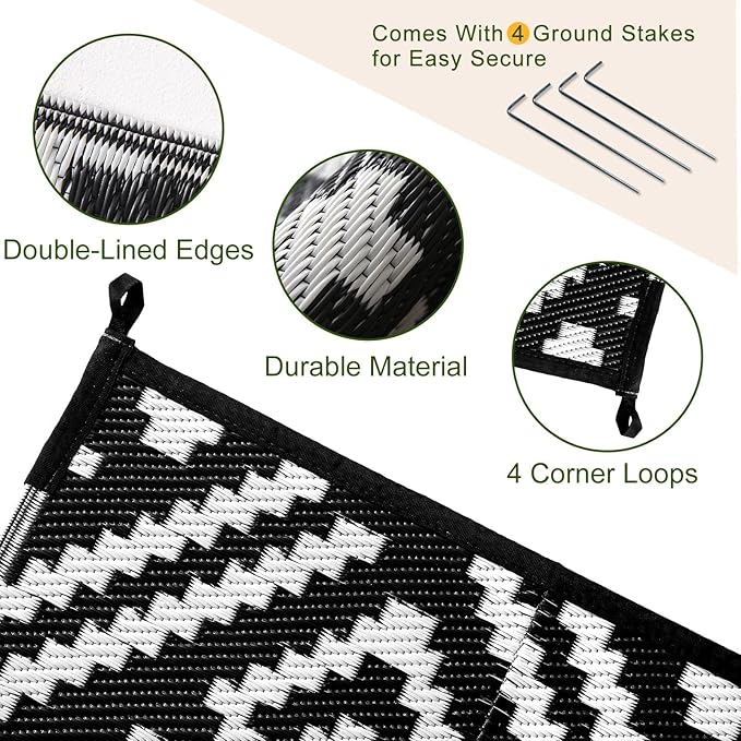 OPPODREAM Outdoor Rug 8x10 Patio Waterproof, Large Outdoor Plastic Straw Rug, Reversible Out Door Carpet for Camping, Deck, Rv, 8 x 10 Area Carpet for Balcony, Porch, Backyard, Black and White