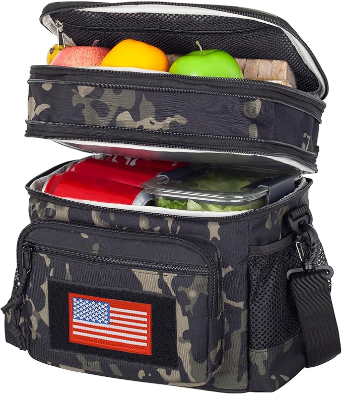 ATRIPACK Lunch Bag for Men, Double Deck Tactical Lunch Box Work with Shoulder Strap MOLLE Webbing Large Lunch Cooler Leakproof Insulated (Camo-Black)