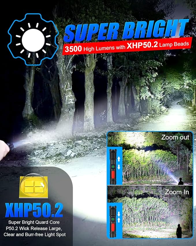 Flashlight USB Rechargeable, Super Bright LED Flashlight 3500LM, Small Tactical Flashlights, Waterproof, Zoomable, Portable Flashlights for Camping, Hiking, Emergency