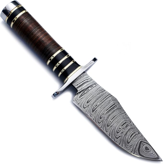 Handmade Damascus Steel Knife Bowie for Hunting,Survival,Camping,Bushcraft and Fishing Fixed Blade Dagger with Clip point Full Tang Micarta Handle, Leather Sheath - WKD-780