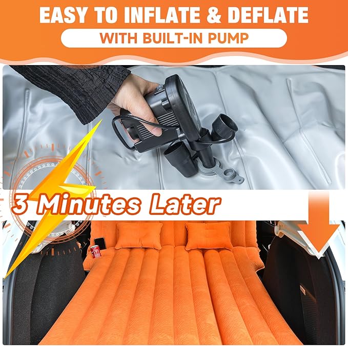 SUV Air Mattress: Inflatable Car Air Mattress for Camping, Flocking Car Bed with Air Pump & 2 Pillows, Portable Sleeping Pad Mattress for Home Car Travel Camping Orange