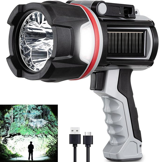 Rechargeable Spotlight, 3LED 1500,000 Lumens 24H Handheld Hunting Spotlight Flashlight Led Spot light with Cob Light and Solar Panels, Lightweight and Bright Spotlight for Hunting Boating Camping