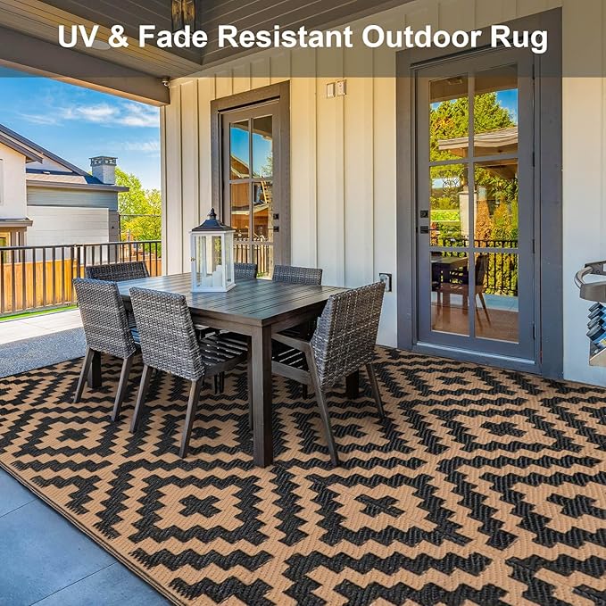Outdoor Patio Plastic Straw Rug - 9'x12' Outdoor Camping Rug Waterproof Reversible, Area Carpet Patios Clearance RV, Outside Porch Balcony Deck for Camper, Black & Brown