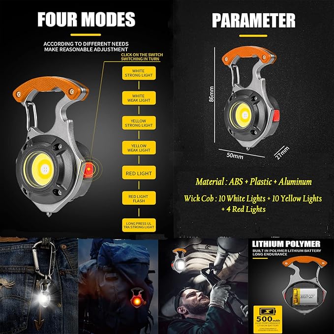 COB Keychain Work Light with 3 Compressed Towels - Rechargeable Flashlights 1000 Lumens, Portable 6 Lighting Modes with Magnet Bracket Window-Breaker Screwdriver Tool for Driving Tour