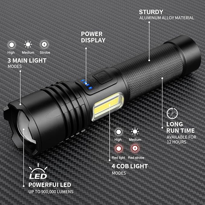 Rechargeable LED Flashlights High Lumens, 990000 Lumens Super Bright Flashlight with 7 Modes & Waterproof, Powerful Brightest Flash Light for Camping Home