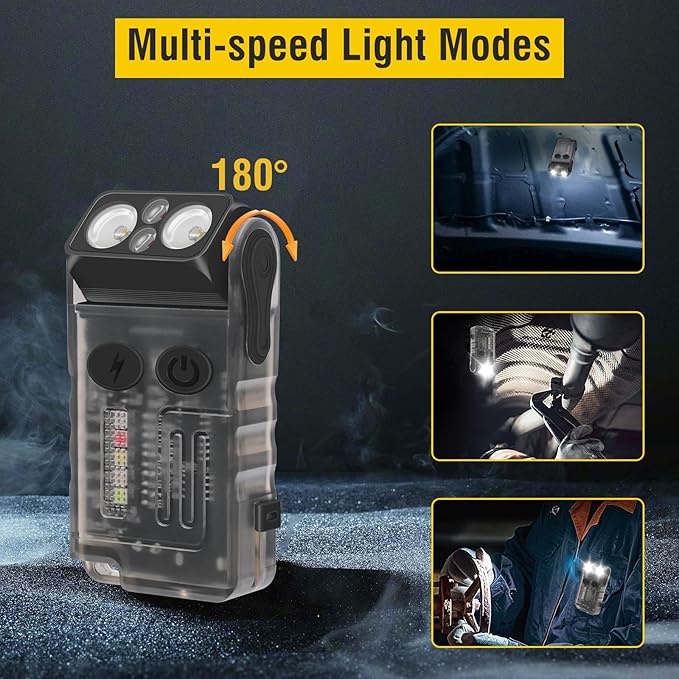 BORUIT V20 Small Powerful Flashlight 1000LM with 365nm UV, Red Blue Green Warm Light, 180° Swivels, 110dB Buzzer - Mini Keychain Pocket Rechargeable LED Flashlights USB EDC Clip Flash Light Black