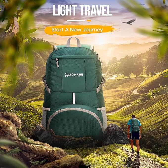 ZOMAKE Lightweight Packable Backpack 35L - Light Foldable Backpacks Water Resistant Collapsible Hiking Backpack - Compact Folding Day Pack for Travel Camping(Dark Green)