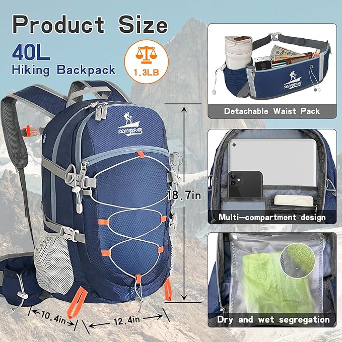 Hiking Backpack Packable 40L Foldable Camping - Lightweight Travel Daypacks Water-resistant Backpacks Outdoor Sports for Men Women (Blue)