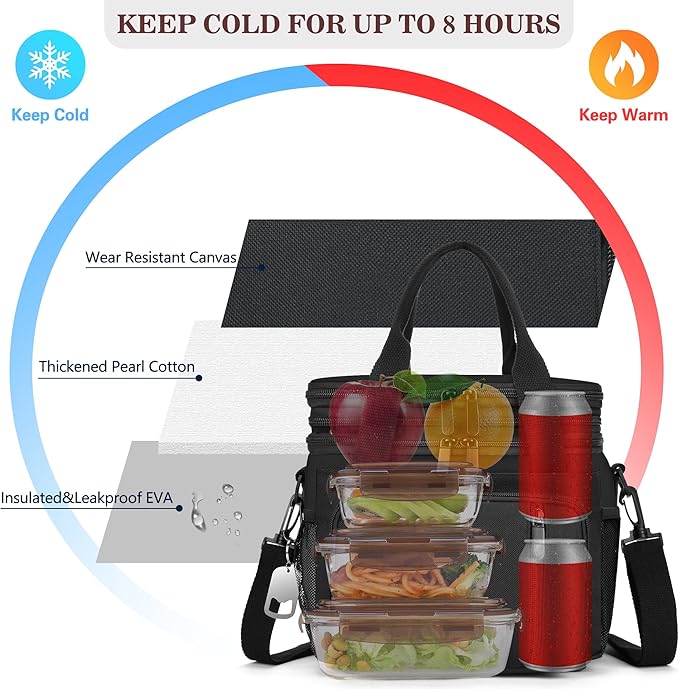 Lunch Box & Lunch Bag for Men Women, Large Insulated Adult Lunch Box, Leakproof Cooler Lunchbox with Bottle Opener for Work Picnic Beach, 16L, Black