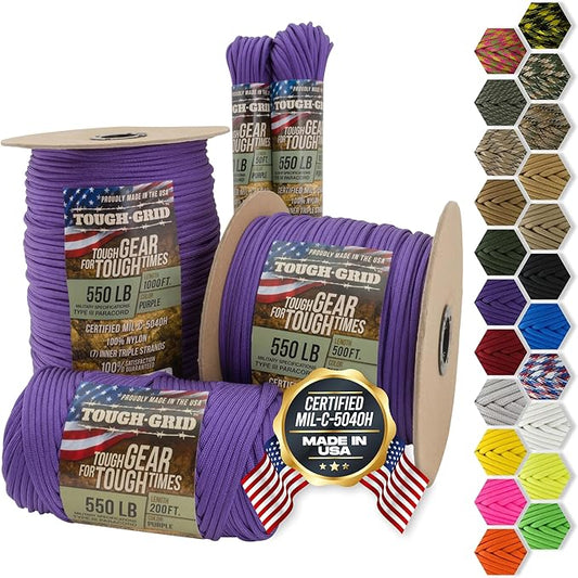 TOUGH-GRID Premium Purple Paracord 550 lbs Made in USA Outdoor Survival Nylon Rope Tactical Heavy Duty Strands Parachute Cord Used by US Military Type III Mil-Spec