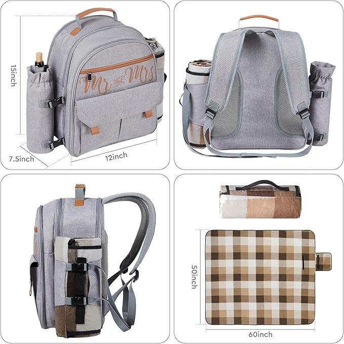 Couple Gifts 22L Picnic Basket Set, Grey Insulated Picnic Backpack for 2, Leak Proof Cooler Camping Gifts, Cool Bridal Shower Gifts Anniversary Engagement Wedding Gifts for Couples, Mr and Mrs Gifts