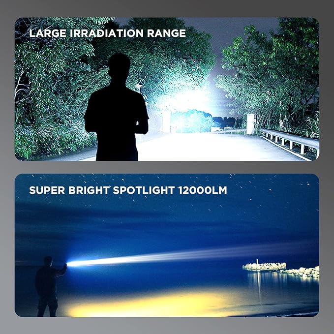 Rechargeable Spotlight Super Bright 12000 Lumen LED Flashlight Handheld Spotlight 10000mAh Long Lasting Large Flashlight Searchlight for Camping Outdoor Hunting Emergency as Gift