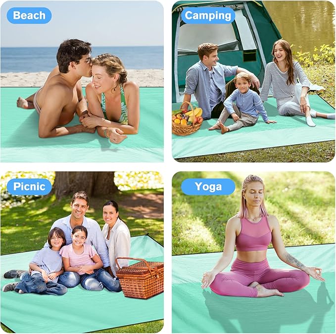 Beach Blanket Waterproof Sandproof Large Beach Mat 79" X 87", Quick Drying Durable Portable Lightweight Outdoor Nylon Picnic Blanket for Travel Camping Hiking, Green