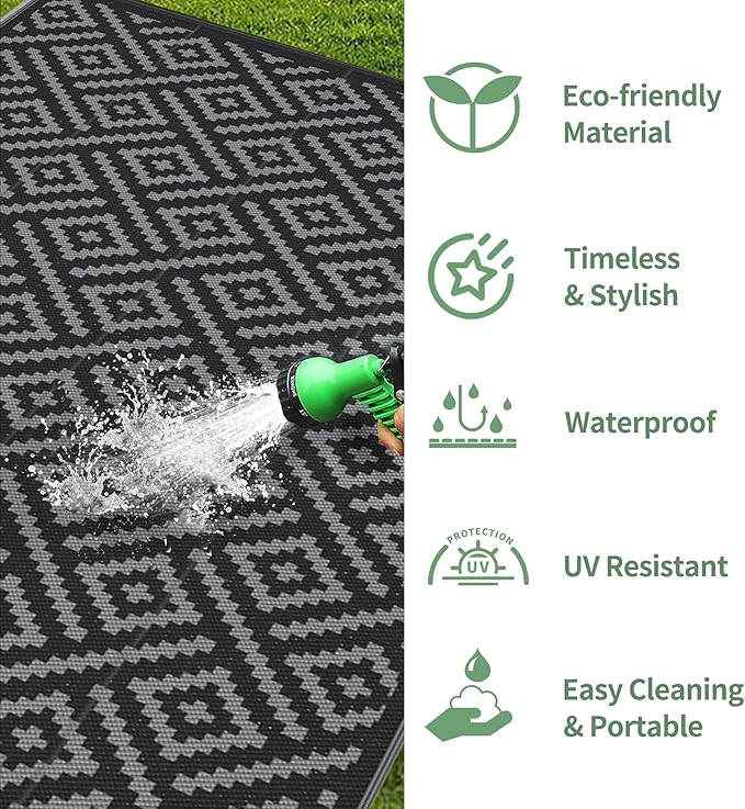 GENIMO Outdoor Rug Waterproof, 10' x 20' Reversible Plastic Straw Rug, Lightweight Large RV Camping Mat for Patio, Deck, Camper, Balcony, Backyard, Picnic, Black & Gray