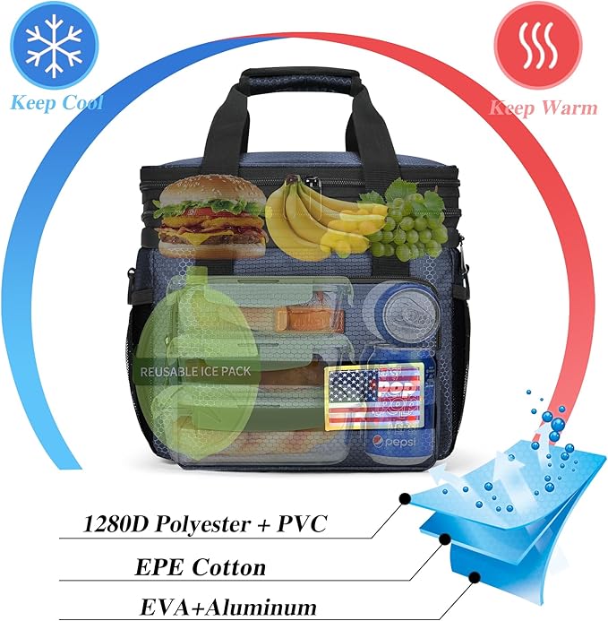 Tactical Lunch Box for Men- Large Insulated Lunch Bag-Expandable Adult Lunch Box with Adjustable Shoulder Strap-Large Lunch Tote Bag for Work Camping Fishing (Dark Blue)