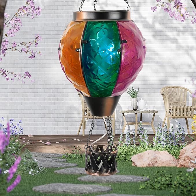 Hot Air Balloon Solar Lantern with Flickering Flame Hanging Solar Lanterns Outdoor Lights Waterproof Lanterns Decorative Garden Patio Yard Party Decor Colorful