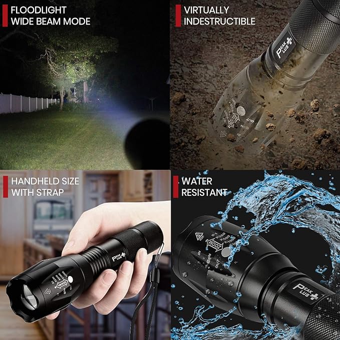 PeakPlus Rechargeable Tactical Flashlight LFX1000 (Rechargeable Battery and Charger Included) - High Lumens LED, Super Bright, Zoomable, 5 Modes, Water Resistant - Best Camping, Emergency Flashlights