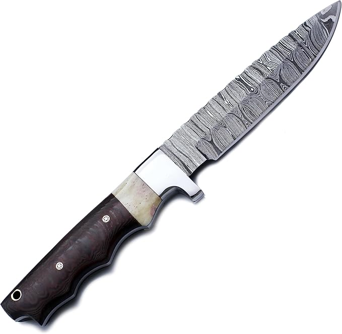 Handmade Damascus Steel Bowie Knife for Hunting, Survival, and Camping,bushcrafting and Fishing - Full Tang Micarta Handle, Fixed Blade with Flat Edge, Cowhide Leather Sheath WKD-794