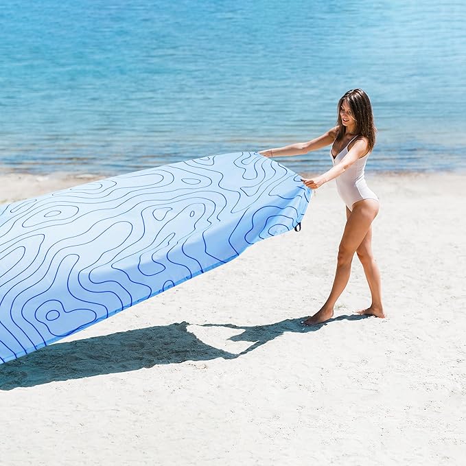 110''×118'' Beach Blanket for 2-8 Adults, Polyester Waterproof Sandproof Beach Mat with 4 Stakes & Storage Bag, Oversized Compact Foldable Blue Outdoor Pocket Blanket for Picnic, Travel, Camping