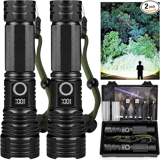Rechargeable LED Flashlights High Lumens, 2Pack 900000 Lumens Super Bright Flashlight with 5 Modes IPX6 Waterproof, Powerful Flashlight Waterproof Flash Light for Home Emergencies Camping
