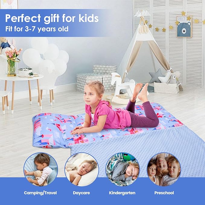 Kids Sleeping Bag Nap Mat with Removable Pillow and Blanket,Extra Thick Large 2 in 1 Slumber Bags for Boys Girls,Toddler Nap Mat for Preschool Daycare Travel Camping