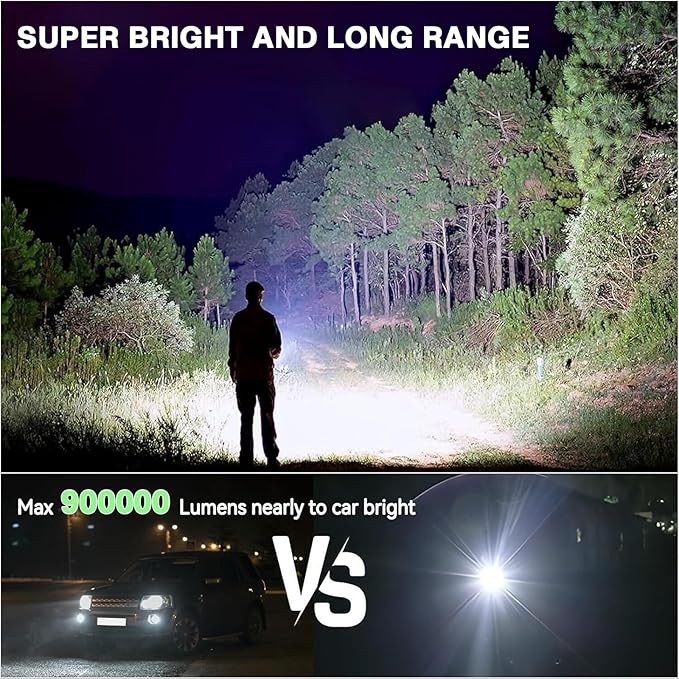Rechargeable Flashlights High lumens, 900000LM Super Bright LED Tactical Flashlight, Zoomable, IPX6 Waterproof, 6 Modes, Powerful Handheld Flash Light for Emergencies, Camping, Hiking