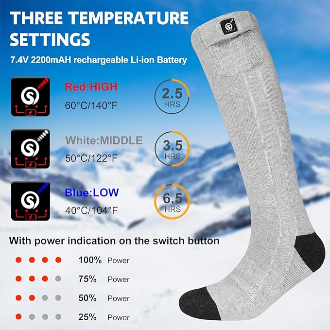 Heated Socks for Men Women Battery Electric Heated Socks Rechargeable 7.4V 2200mAh up to 6.5hrs for Outdoor Skiing Hiking Camping Working, Cold Weather Foot Warmer
