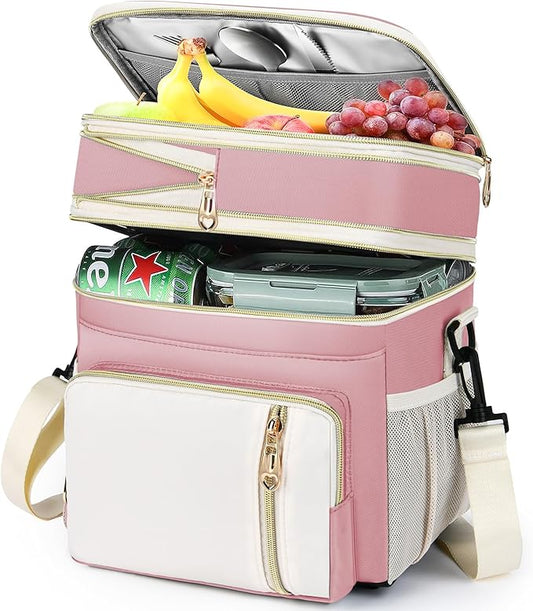Lunch Box & Lunch Bag for Women, Large Insulated Adult Lunch Box Leakproof Lunchbox Cooler Bag for Work Picnic Beach,16L, Light Pink & White
