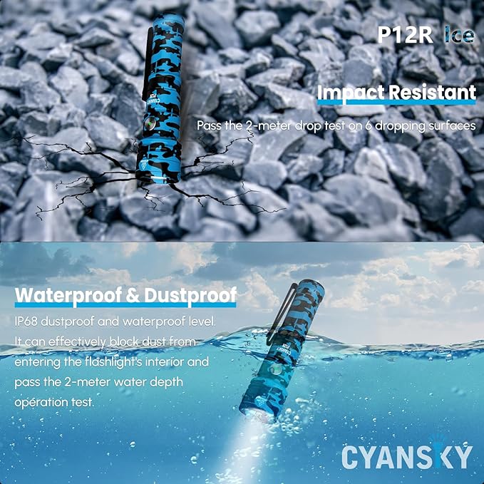 CYANSKY Rechargeable Flashlight,Super Bright,Flashlights High Lumens, Small EDC Flashlights for Emergencies,IP68 Waterproof Flash Light for Camping,Hiking,Outdoor,Home (Ice)