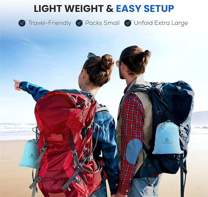 Lightweight Beach Blanket - Oversized 107" x 77" - Waterproof Sandproof - Double Anchored for Fun Leisure Beach Blanket - with Stake and Pouch - Durable Sand Beach Mat