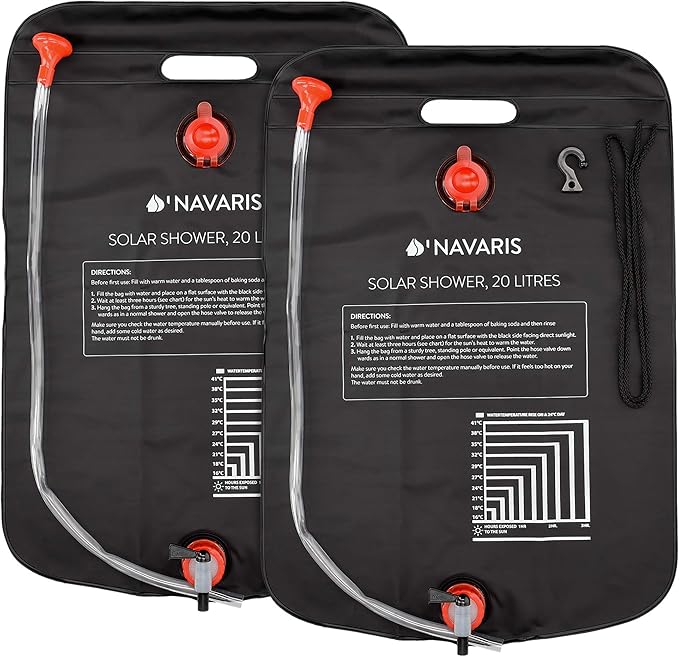 Navaris Solar Shower Bag 5 Gallons - 2X Solar Heating Camping Shower Bag with Shower Head, Hose, Tap Head - for Ideal Traveling, Hiking, Backpacking