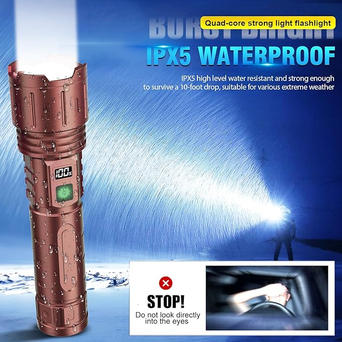 Flashlights 20000 High Lumens Rechargeable - 1500 Meters Long Beam Super Bright LED Flash Light with Power Display & IPX5 Waterproof for Camping, 20H Runtime,5 Modes,Zoomable Handheld Flashlight-Brown