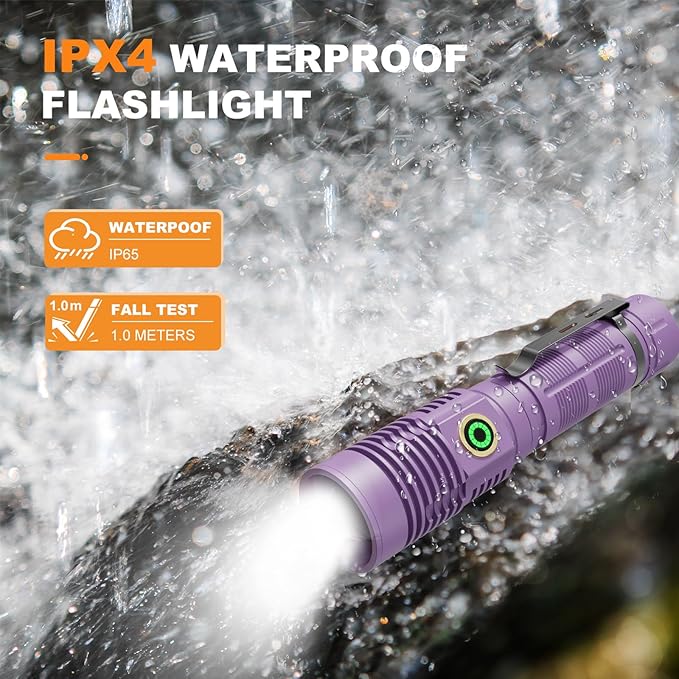 Small Tactical Flashlights 20000 High Lumens - 1500 Meters Long Beam Super Bright LED Magnetic Flashlight USB Rechargeable Zoomable 5Modes Long Beam Spotlight Flashlight for Hiking, Camping-Purple