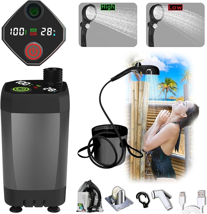 Portable Camping Shower Pump for Traveling: Water Pump with 6000mA Battery for Family Camping Trip - Camp Bucket Shower Head for Outdoor (Gray)