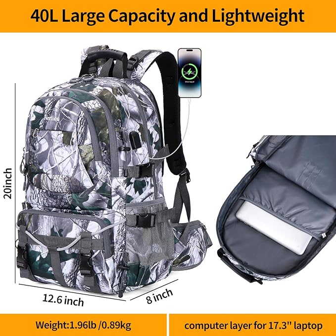 Nerlion 40L Hiking Backpack Travel Backpack for Men Women Camping Waterproof Outdoor Hiking Daypack Lightweight Backpack (White Leaves)