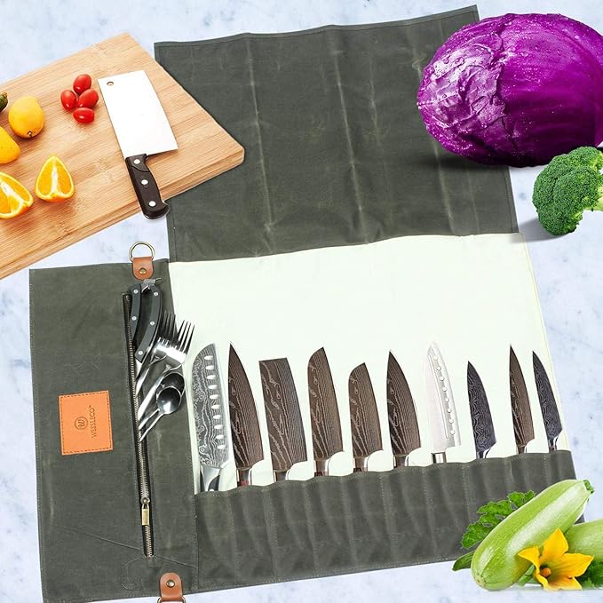 FIREDOG Wessleco Chef Knife Roll Bag (10 Pockets), Waxed Canvas Knife Carrying Case Storage with Handle & Shoulder Strap, Zipper Pouch for Culinary Tools (Knives Not Included)