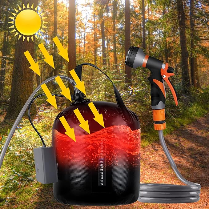 Portable camping shower, 5gallons/20 liters rechargeable air pump outdoor electric camping shower, 8 spray modes, solar heating black PVC airbag, built-in thermometer, beach, camping, hiking