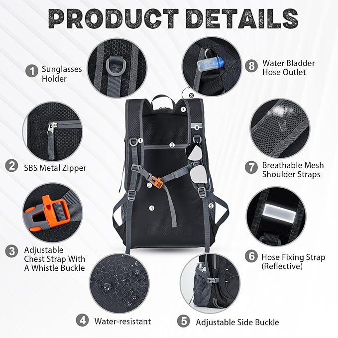 40L Lightweight Hiking Backpack Travel Packable Daypack for Women and Men, Black
