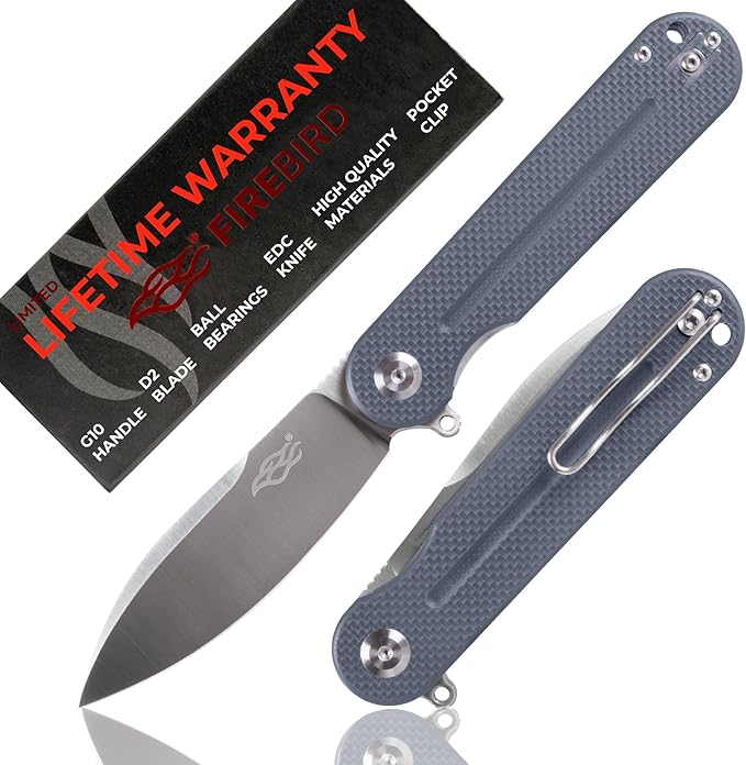 Firebird GANZO FH922-GY-US Pocket Folding Knife D2 Steel Blade G10 Anti-Slip Handle with Clip Camping Hunting Fishing Outdoor EDC Pocket Knife Best Gift for Men Women (Grey)