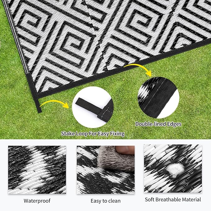 Outdoor Patio Plastic Straw Rug - 8'x10' Outdoor Camping Rug Waterproof Reversible, Area Carpet Patios Clearance RV, Outside Porch Balcony Deck for Camper, Stripe Black & White