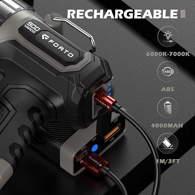 FORTO Compact Rechargeable Spotlight with Adjustable Focus, Handheld Spotlight with Stand, 823m Range, 3 Light Modes and LED Spot Lights Outdoor for Boating Hunting Camping Hiking,1400 Lumens