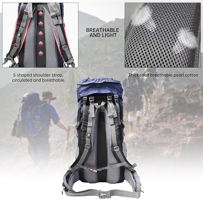 King'sGuard Hiking Backpack for Men and Women 70L+5L Waterproof Lightweight Camping Daypack with Rain Cover for Outdoor Travel Mountaineering - Frameless (Navy)